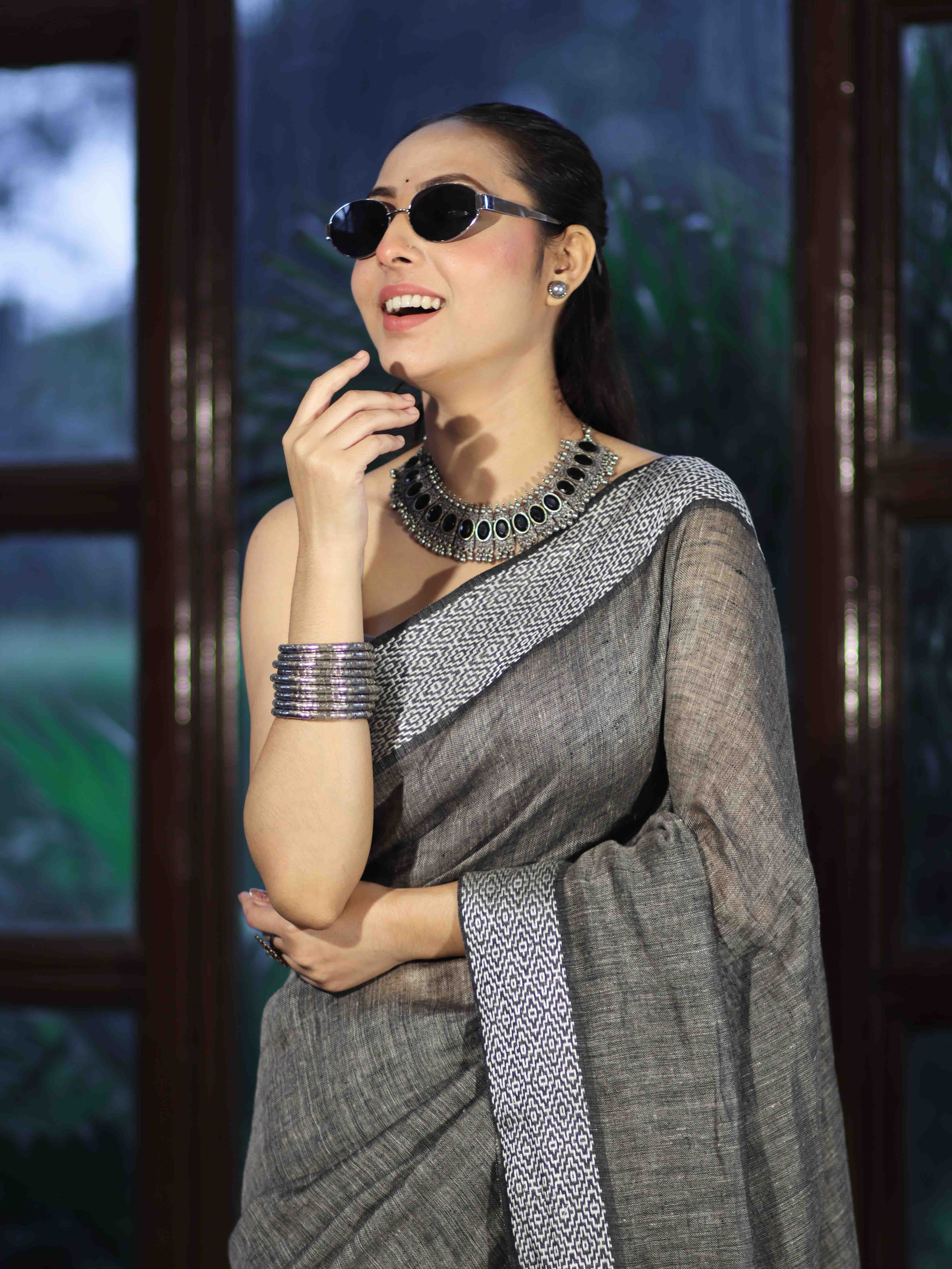 Bhagalpur Handloom Pure Linen Cotton Saree With Resham Embroidered Border-Grey