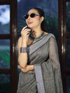 Bhagalpur Handloom Pure Linen Cotton Saree With Resham Embroidered Border-Grey