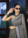 Bhagalpur Handloom Pure Linen Cotton Saree With Resham Embroidered Border-Grey