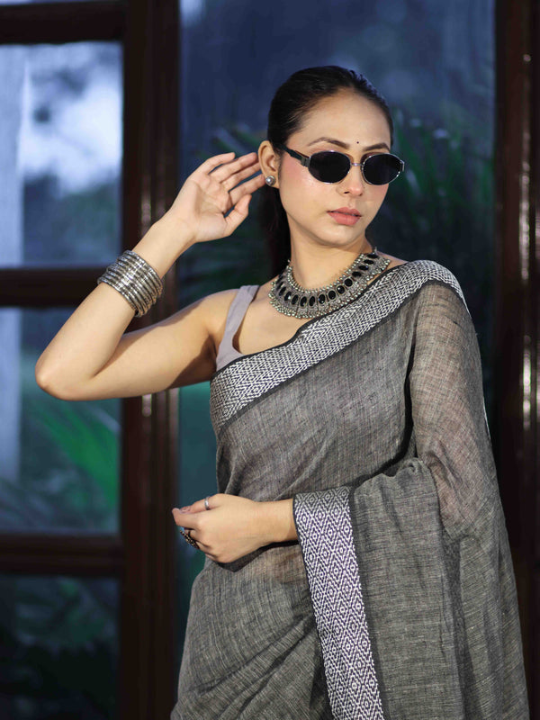 Bhagalpur Handloom Pure Linen Cotton Saree With Resham Embroidered Border-Grey