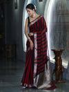 Banarasee Cotton Silk Saree With Stripes Pattern & Floral Zari Border-Maroon & Black