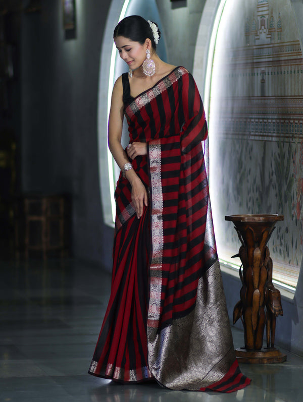 Banarasee Cotton Silk Saree With Stripes Pattern & Floral Zari Border-Maroon & Black