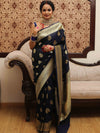 Banarasee Handwoven Semi-Katan Tanchoi Weaving Floral Border Saree-Deep Blue