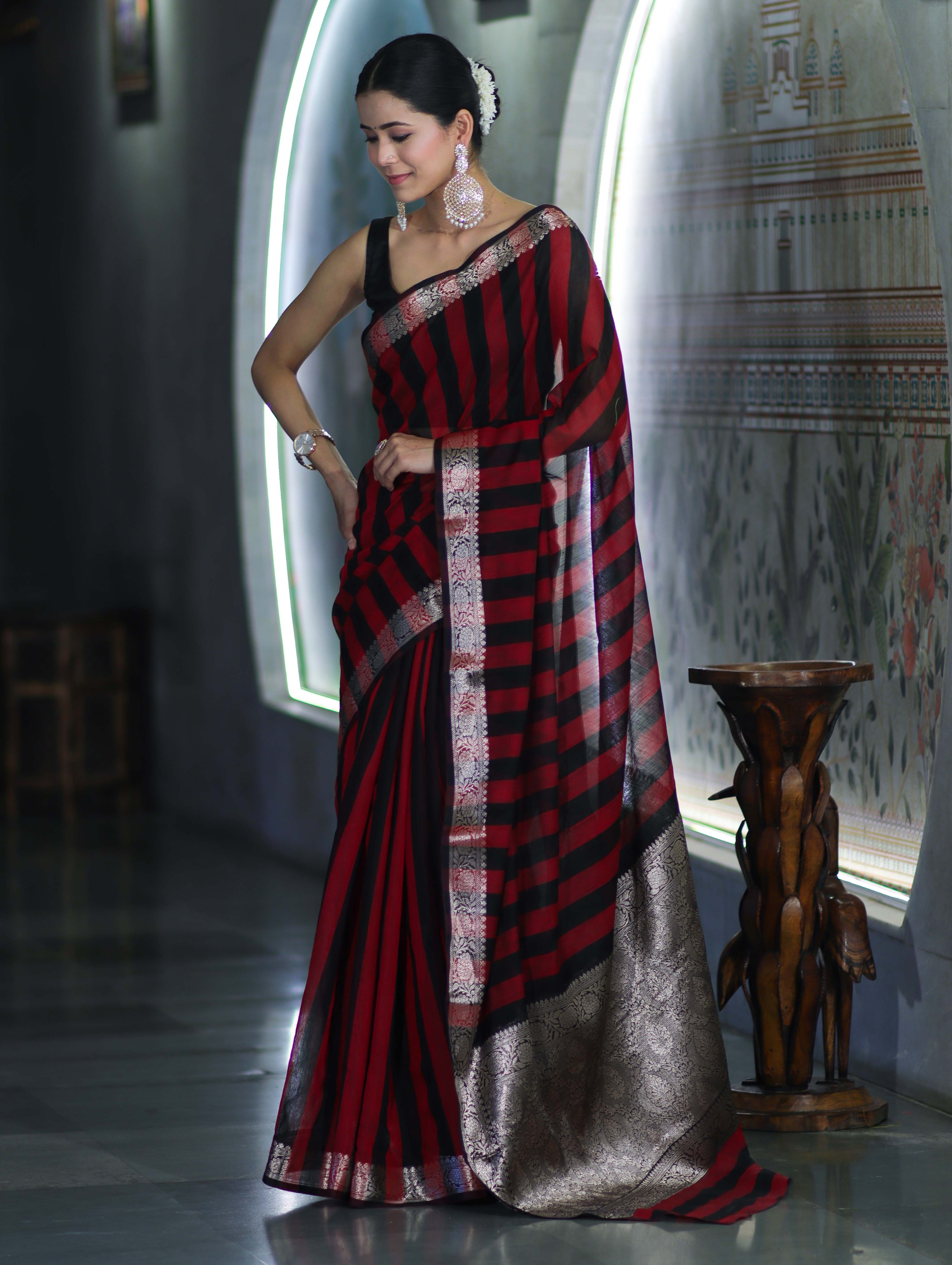 Banarasee Cotton Silk Saree With Stripes Pattern & Floral Zari Border-Maroon & Black