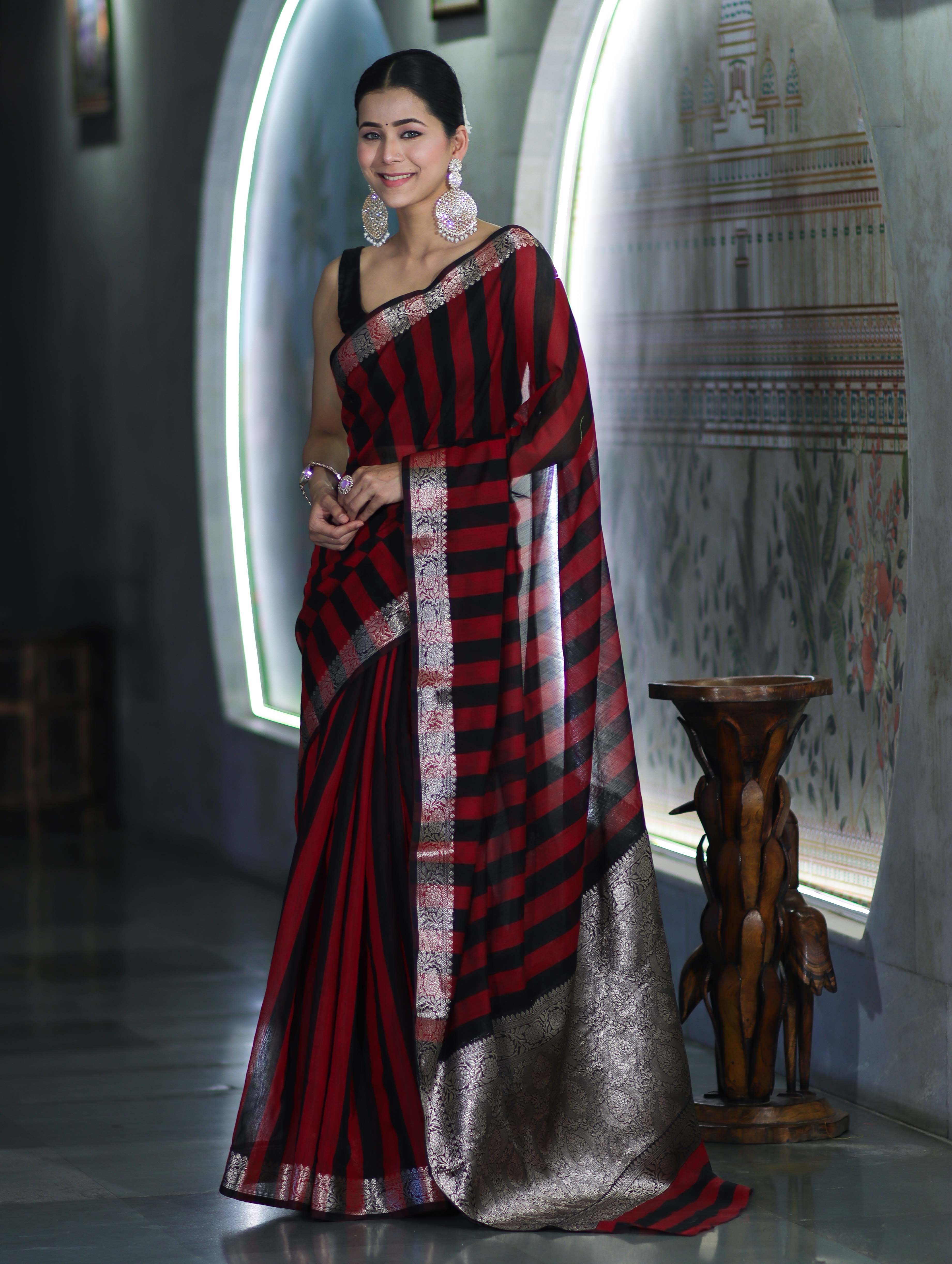 Banarasee Cotton Silk Saree With Stripes Pattern & Floral Zari Border-Maroon & Black