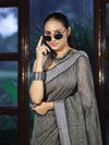 Bhagalpur Handloom Pure Linen Cotton Saree With Resham Embroidered Border-Grey