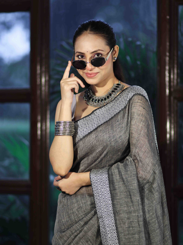 Bhagalpur Handloom Pure Linen Cotton Saree With Resham Embroidered Border-Grey