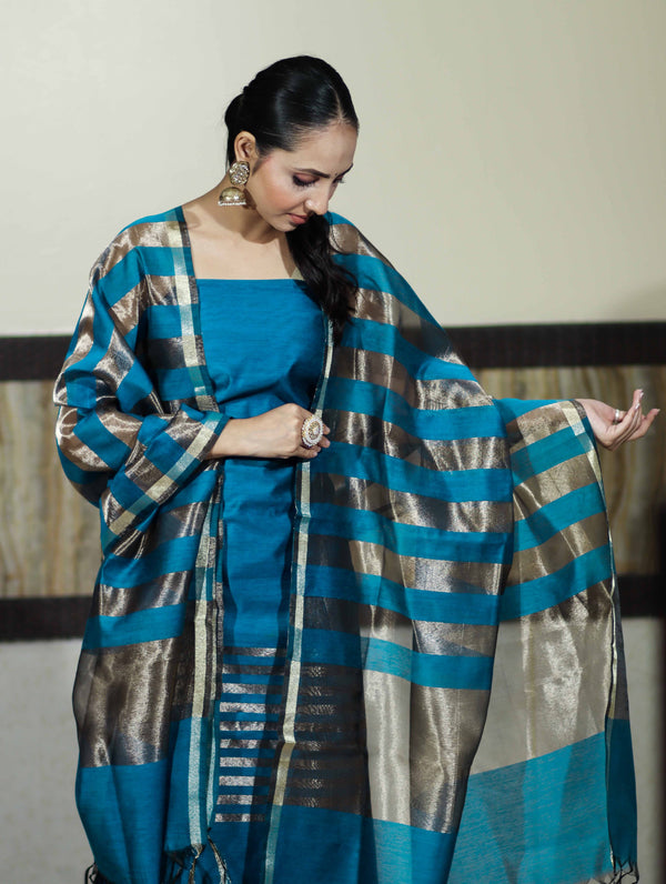 Banarasee Cotton Silk Stripe Pattern Salwar Kameez Fabric With Dupatta Set-Sky Blue