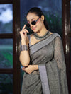 Bhagalpur Handloom Pure Linen Cotton Saree With Resham Embroidered Border-Grey