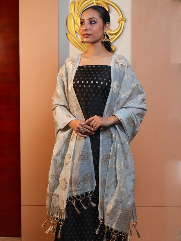 Banarasee Cotton Silk Zari Buti Salwar Kameez Fabric With Contrast Dupatta Set-Black & Light Blue