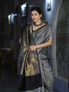 Banarasee Semi Silk Saree With Checks Pattern & Zari Woven Pallu-Black & White