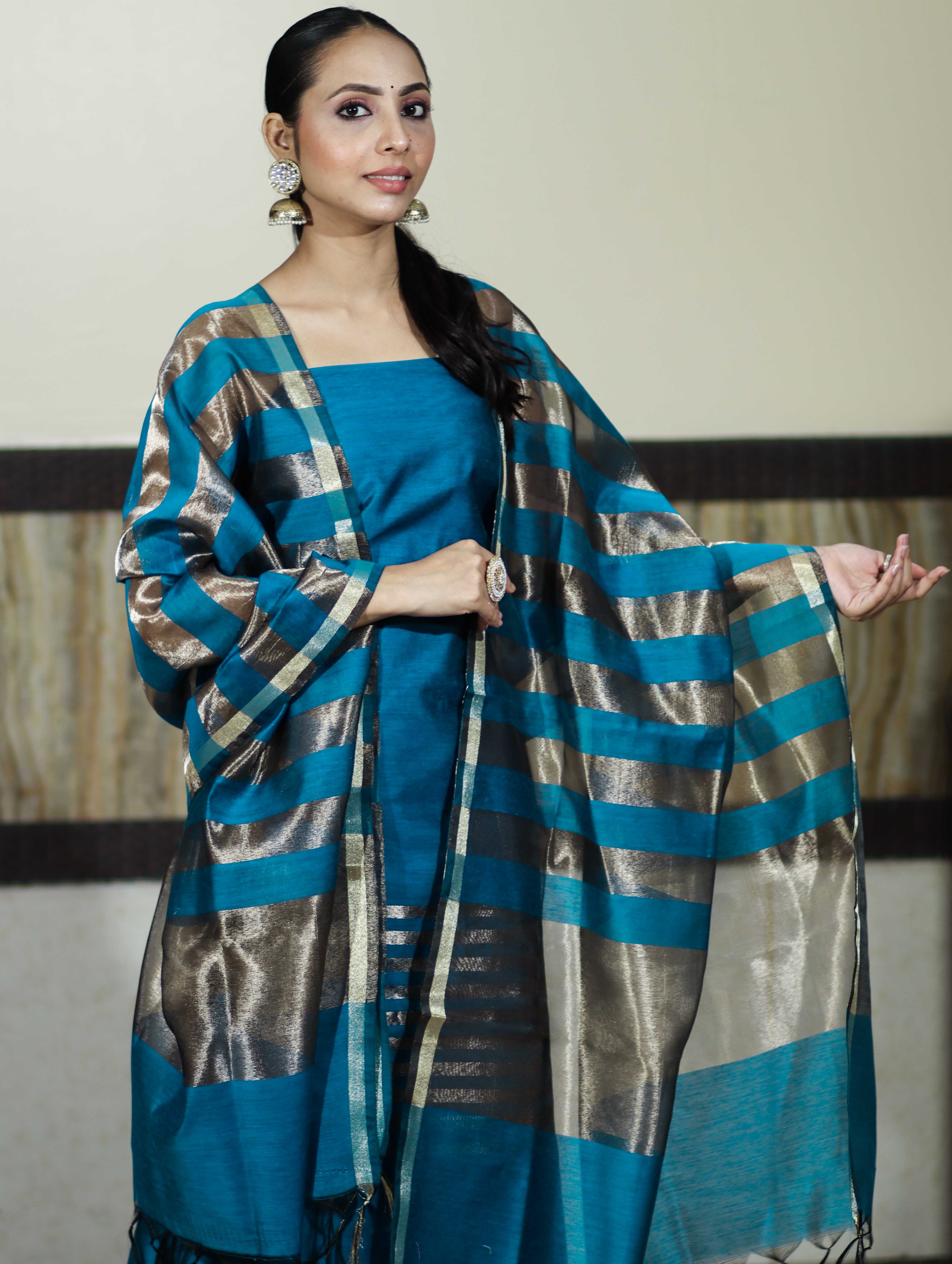 Banarasee Cotton Silk Stripe Pattern Salwar Kameez Fabric With Dupatta Set-Sky Blue