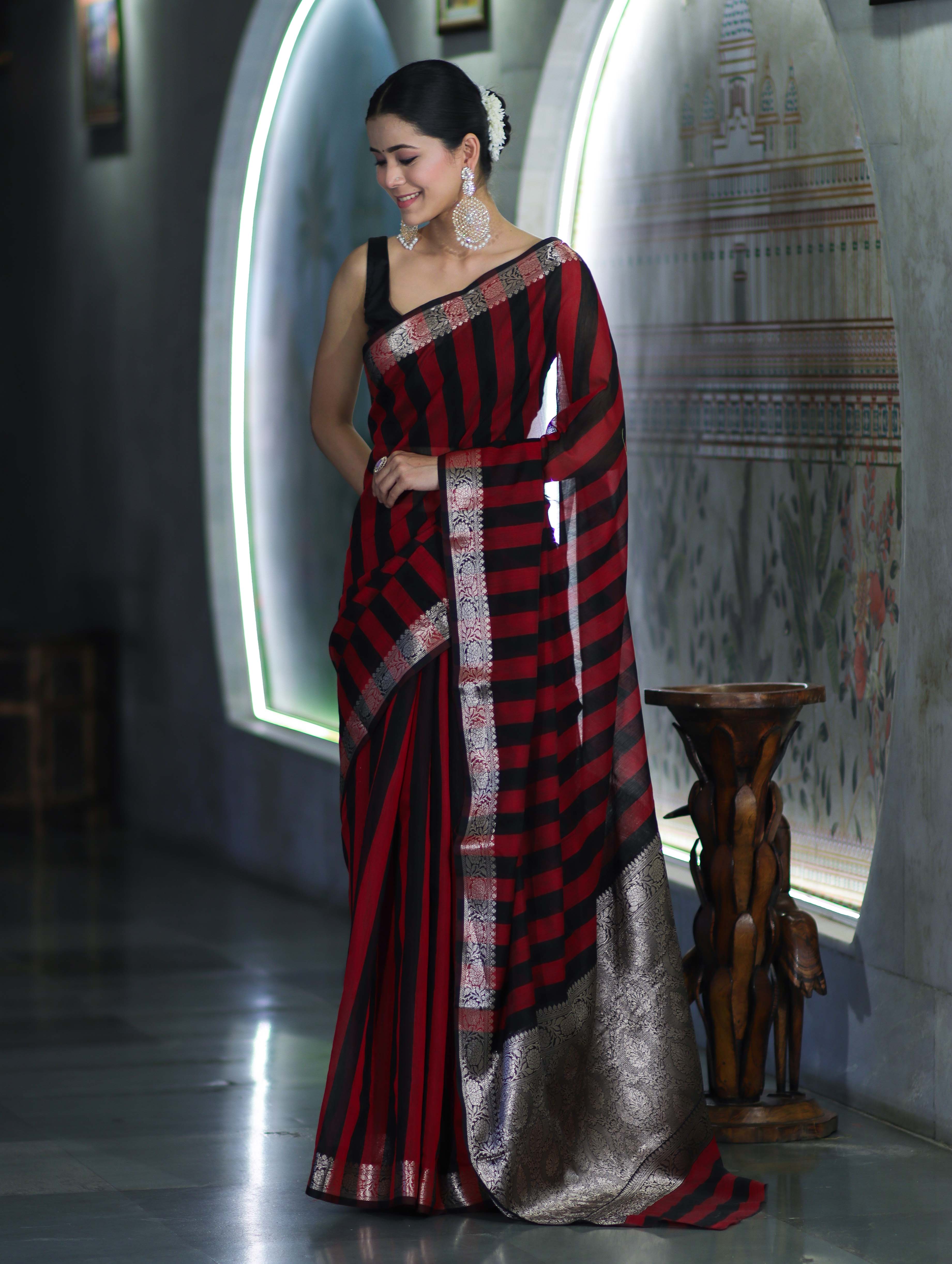 Banarasee Cotton Silk Saree With Stripes Pattern & Floral Zari Border-Maroon & Black