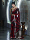 Banarasee Cotton Silk Saree With Stripes Pattern & Floral Zari Border-Maroon & Black