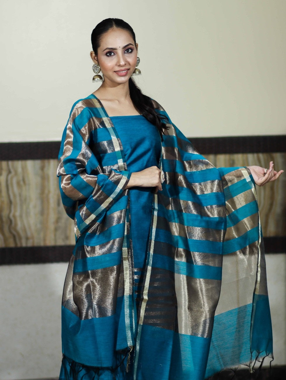 Banarasee Cotton Silk Stripe Pattern Salwar Kameez Fabric With Dupatta Set-Sky Blue