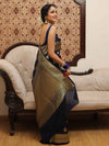 Banarasee Handwoven Semi-Katan Tanchoi Weaving Floral Border Saree-Deep Blue