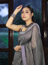Bhagalpur Handloom Pure Linen Cotton Saree With Resham Embroidered Border-Grey