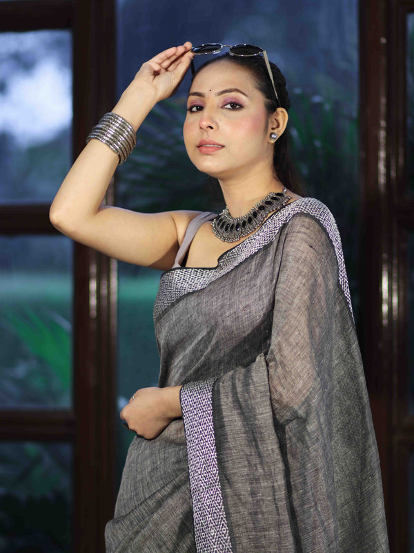 Bhagalpur Handloom Pure Linen Cotton Saree With Resham Embroidered Border-Grey