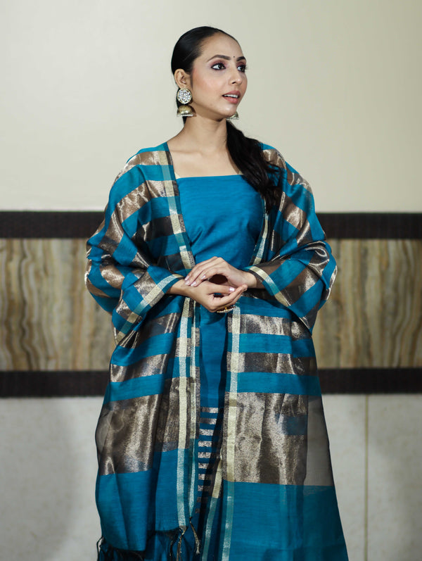 Banarasee Cotton Silk Stripe Pattern Salwar Kameez Fabric With Dupatta Set-Sky Blue
