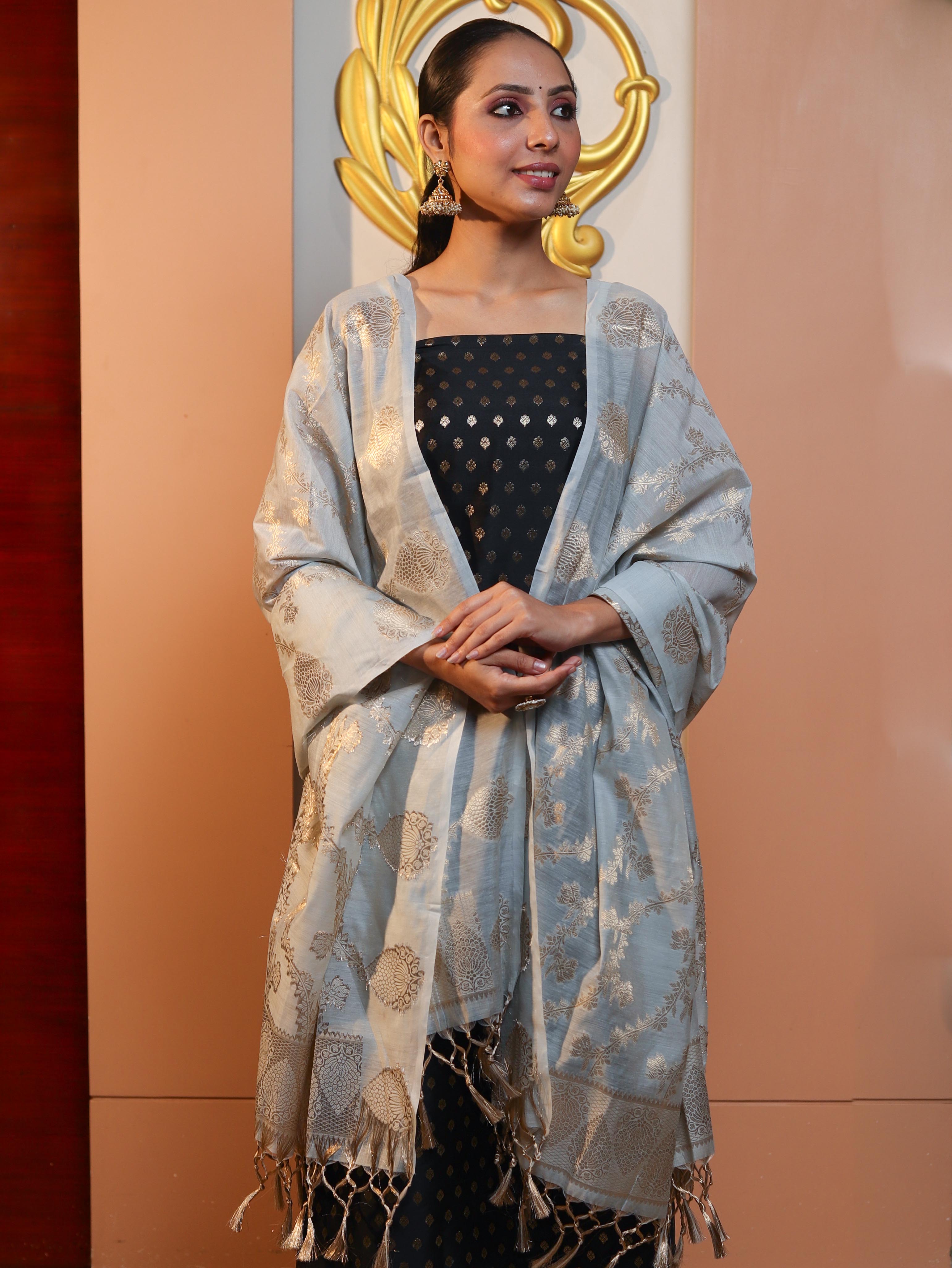 Banarasee Cotton Silk Zari Buti Salwar Kameez Fabric With Contrast Dupatta Set-Black & Light Blue