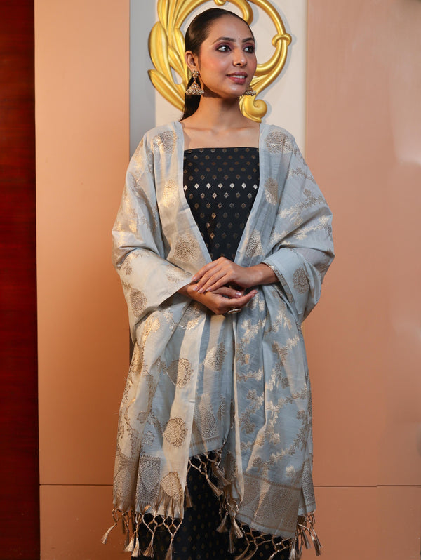 Banarasee Cotton Silk Zari Buti Salwar Kameez Fabric With Contrast Dupatta Set-Black & Light Blue