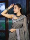 Bhagalpur Handloom Pure Linen Cotton Saree With Resham Embroidered Border-Grey