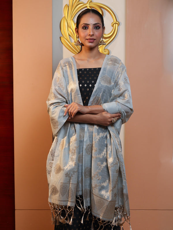 Banarasee Cotton Silk Zari Buti Salwar Kameez Fabric With Contrast Dupatta Set-Black & Light Blue