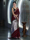 Banarasee Cotton Silk Saree With Stripes Pattern & Floral Zari Border-Maroon & Black