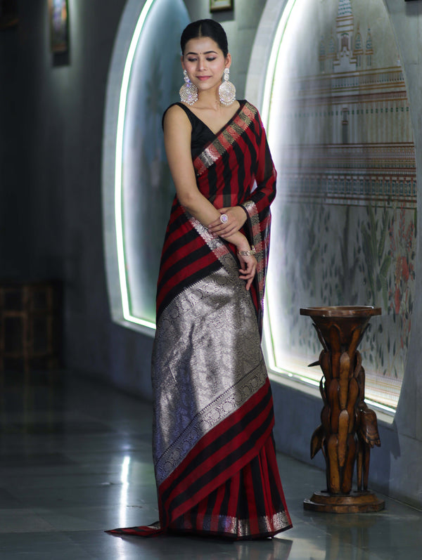 Banarasee Cotton Silk Saree With Stripes Pattern & Floral Zari Border-Maroon & Black