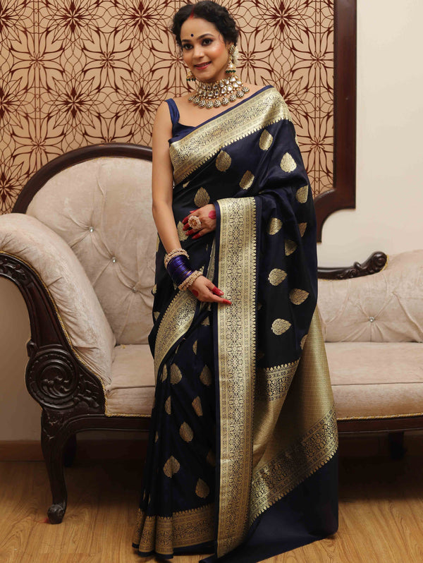 Banarasee Handwoven Semi-Katan Tanchoi Weaving Floral Border Saree-Deep Blue