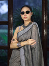 Bhagalpur Handloom Pure Linen Cotton Saree With Resham Embroidered Border-Grey