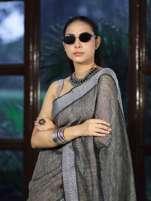 Bhagalpur Handloom Pure Linen Cotton Saree With Resham Embroidered Border-Grey