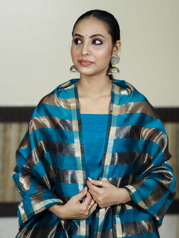 Banarasee Cotton Silk Stripe Pattern Salwar Kameez Fabric With Dupatta Set-Sky Blue