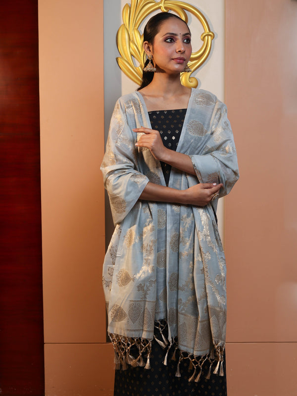 Banarasee Cotton Silk Zari Buti Salwar Kameez Fabric With Contrast Dupatta Set-Black & Light Blue