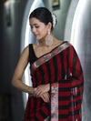 Banarasee Cotton Silk Saree With Stripes Pattern & Floral Zari Border-Maroon & Black