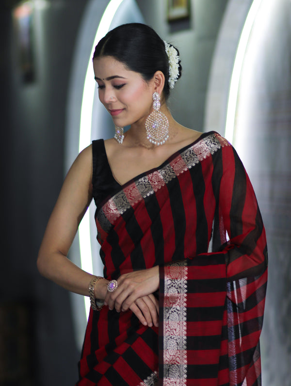 Banarasee Cotton Silk Saree With Stripes Pattern & Floral Zari Border-Maroon & Black