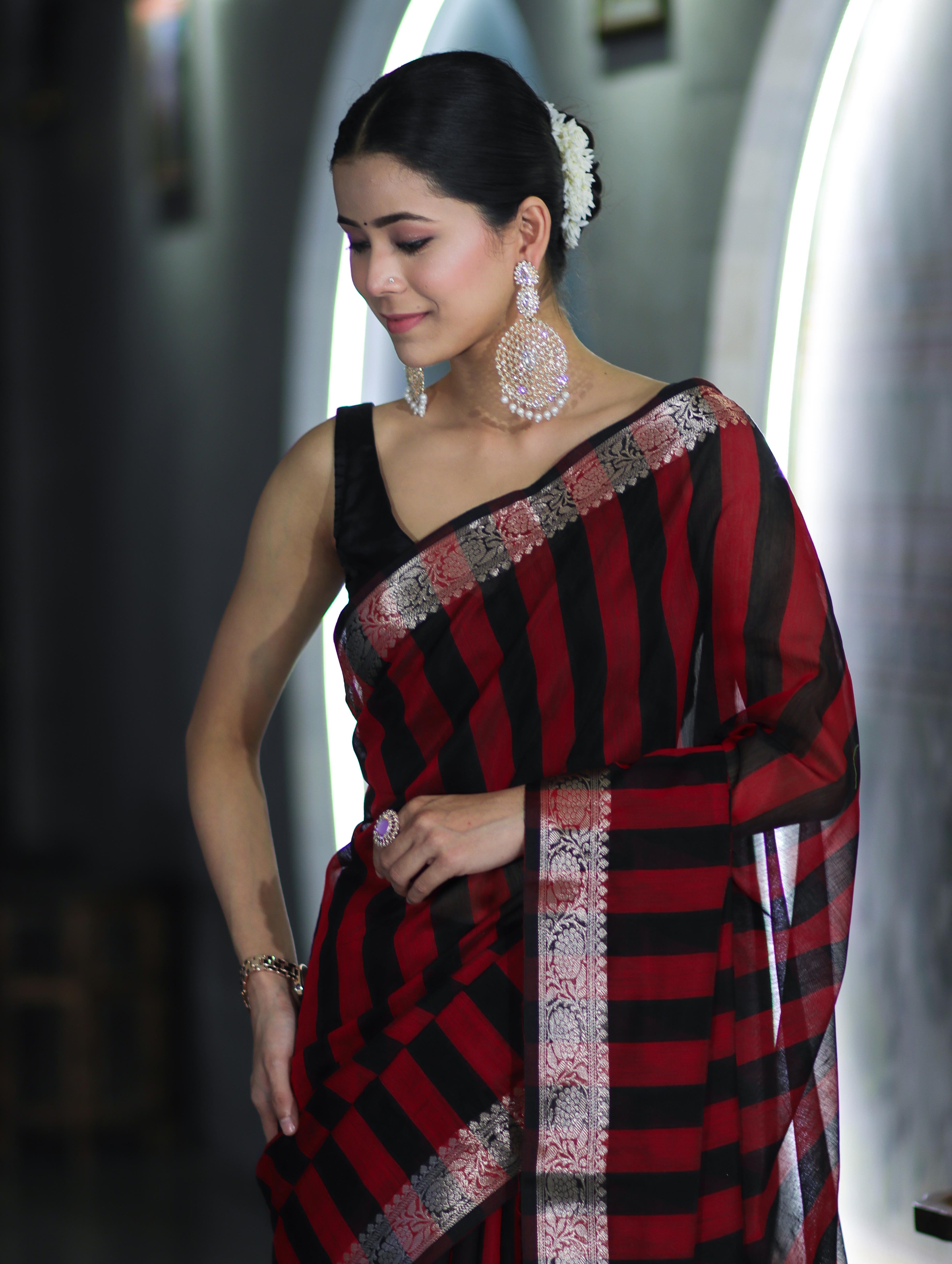 Banarasee Cotton Silk Saree With Stripes Pattern & Floral Zari Border-Maroon & Black