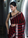 Banarasee Cotton Silk Saree With Stripes Pattern & Floral Zari Border-Maroon & Black