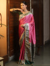 Banarasee Handloom Mashru Silk Saree With Contrast Zari Border & Lace-Onion Pink & Green