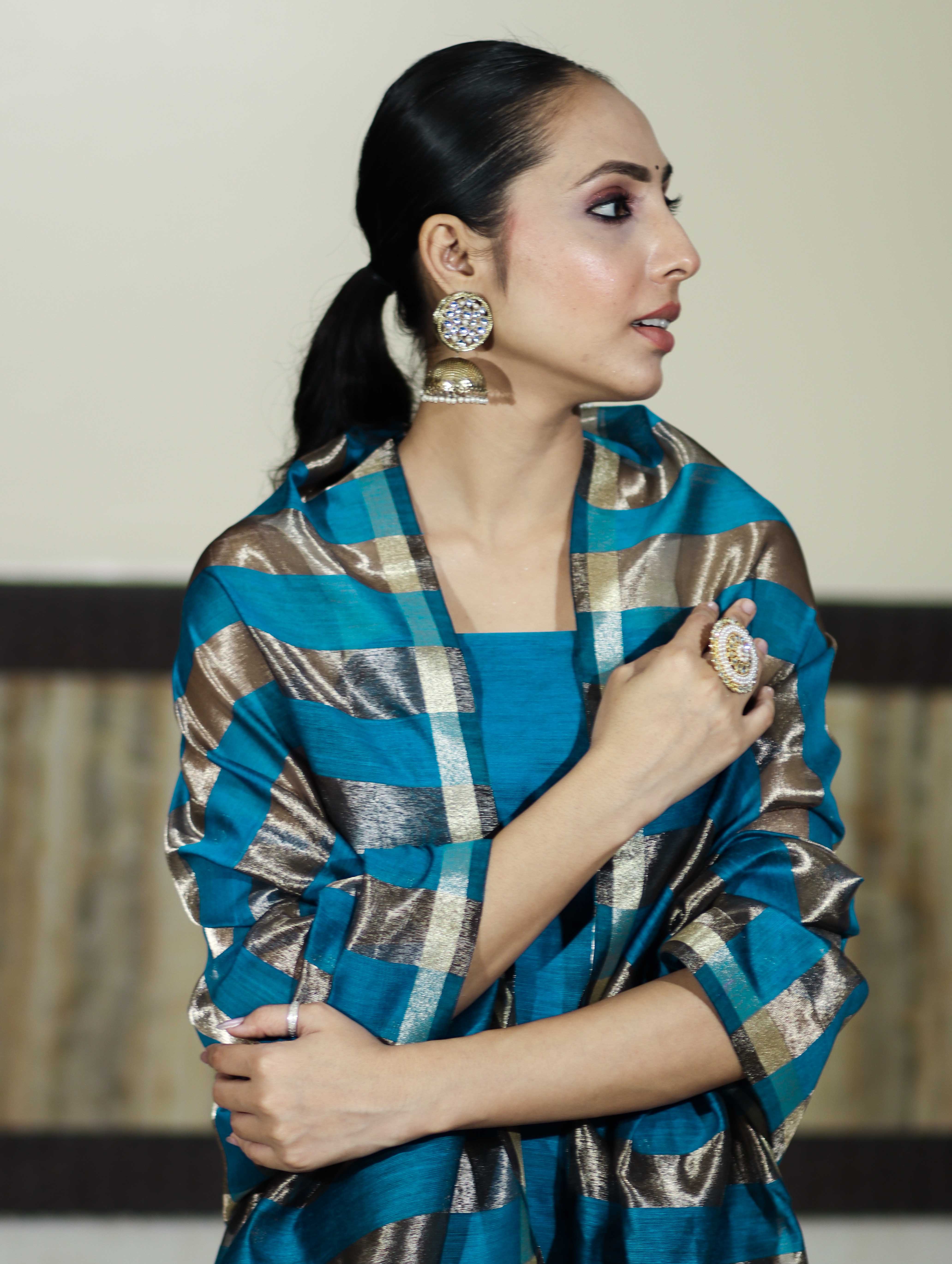 Banarasee Cotton Silk Stripe Pattern Salwar Kameez Fabric With Dupatta Set-Sky Blue
