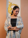 Banarasee Cotton Silk Zari Buti Salwar Kameez Fabric With Contrast Dupatta Set-Black & Light Blue