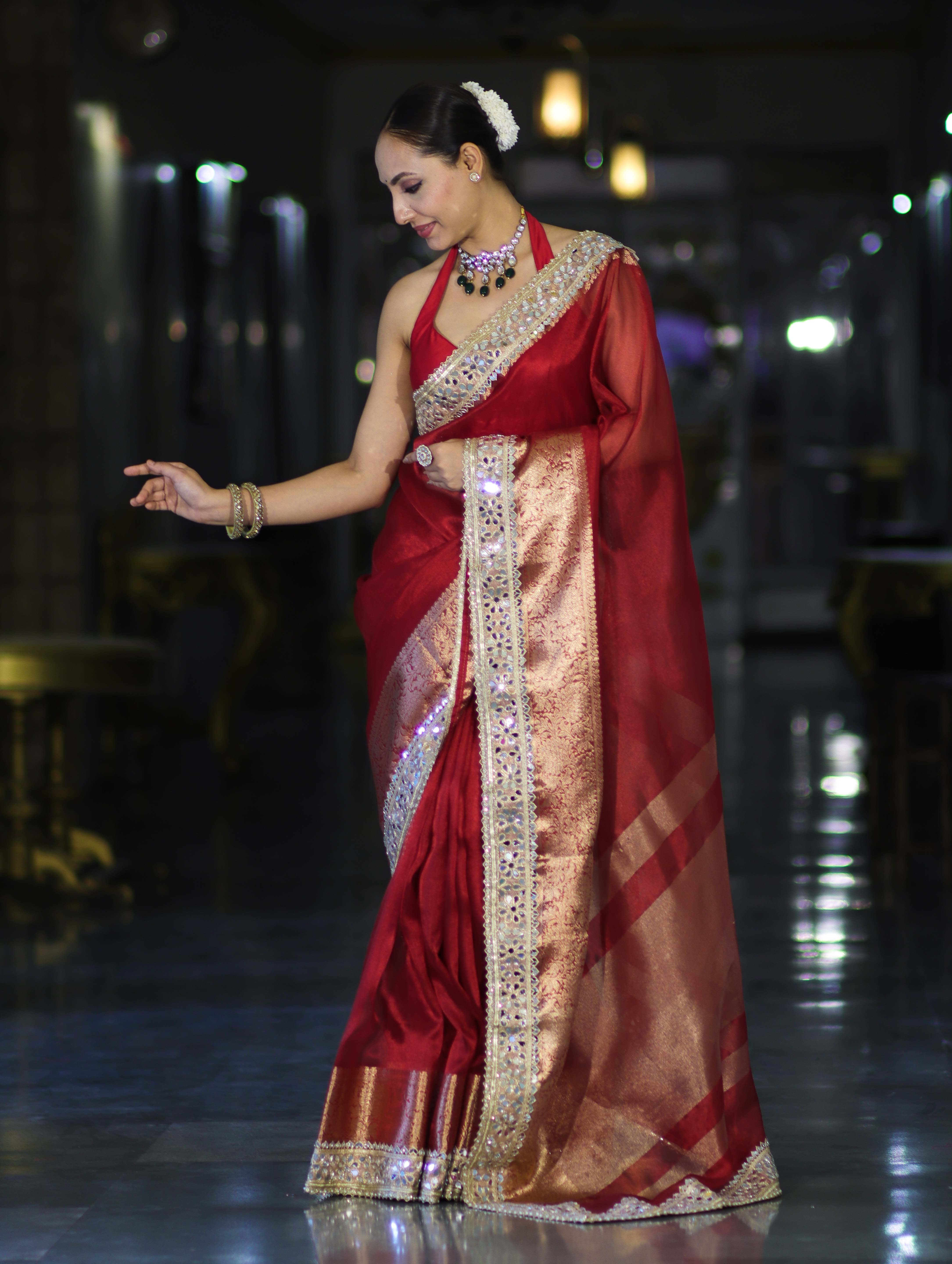 Banarasee Handwoven Tissue Saree With Floral Zari Border & Mirror Work Lace–Deep Red