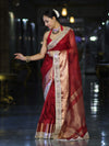 Banarasee Handwoven Tissue Saree With Floral Zari Border & Mirror Work Lace–Deep Red