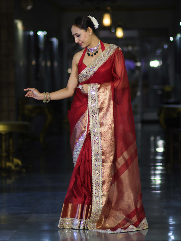Banarasee Handwoven Tissue Saree With Floral Zari Border & Mirror Work Lace–Deep Red