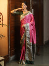 Banarasee Handloom Mashru Silk Saree With Contrast Zari Border & Lace-Onion Pink & Green