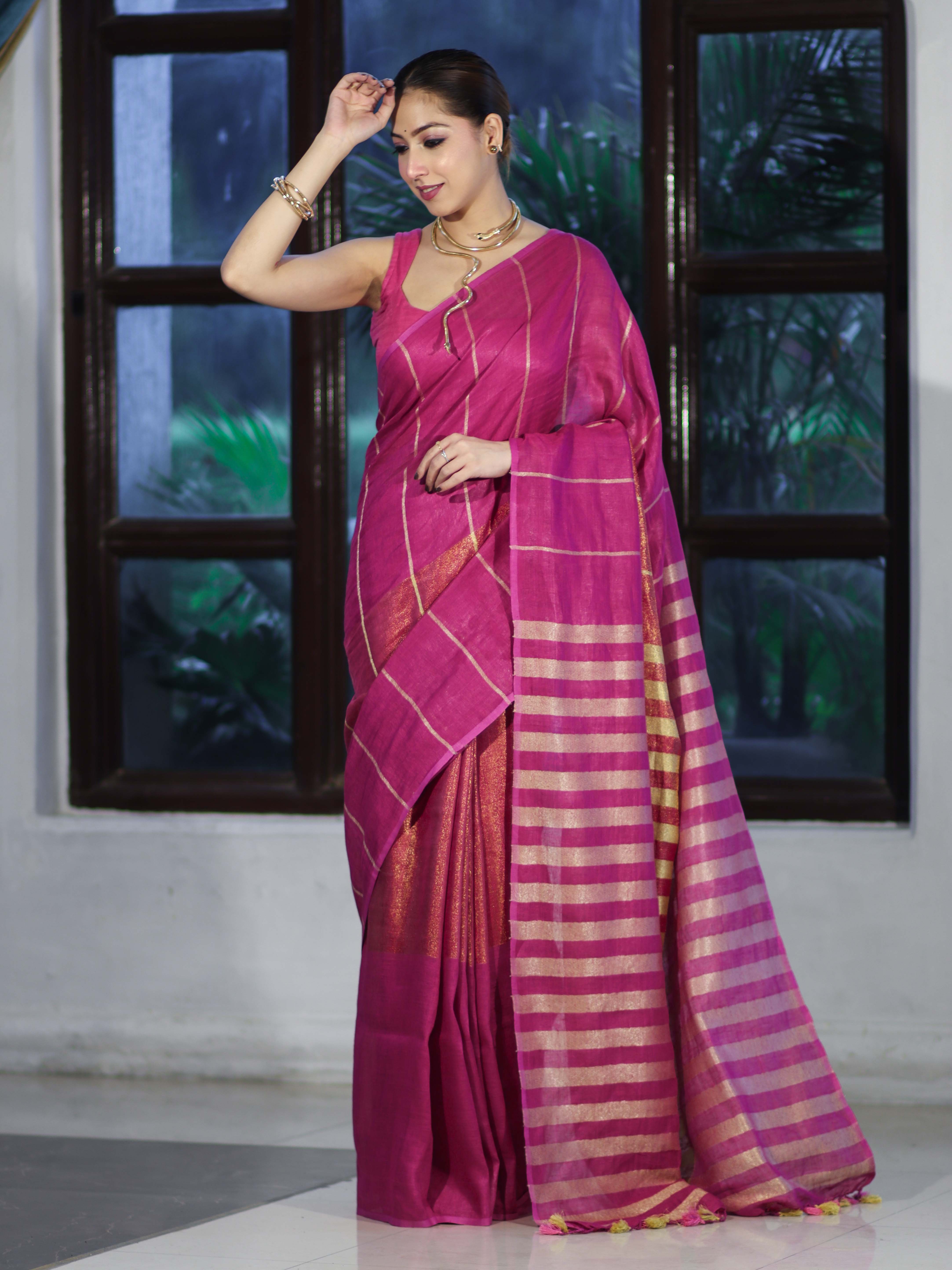 Bhagalpur Handloom Pure Linen Cotton Saree With Zari Stripes Design-Magenta