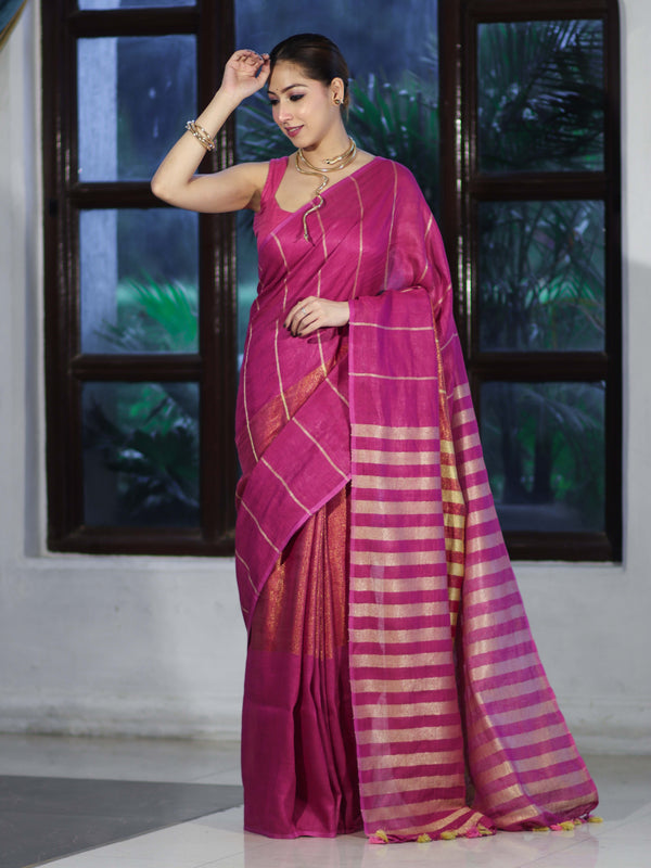 Bhagalpur Handloom Pure Linen Cotton Saree With Zari Stripes Design-Magenta