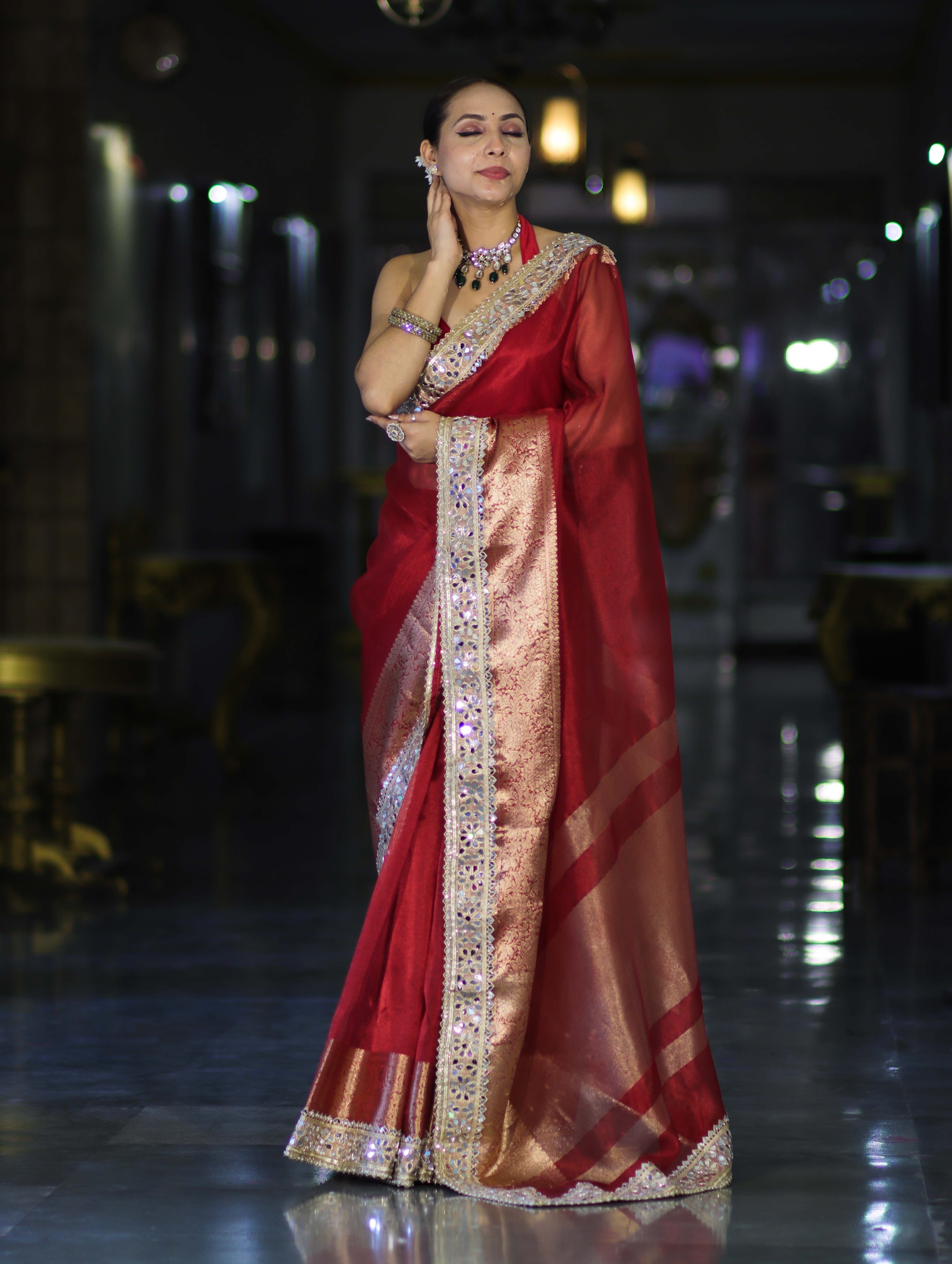 Banarasee Handwoven Tissue Saree With Floral Zari Border & Mirror Work Lace–Deep Red