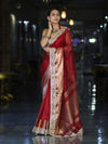 Banarasee Handwoven Tissue Saree With Floral Zari Border & Mirror Work Lace–Deep Red
