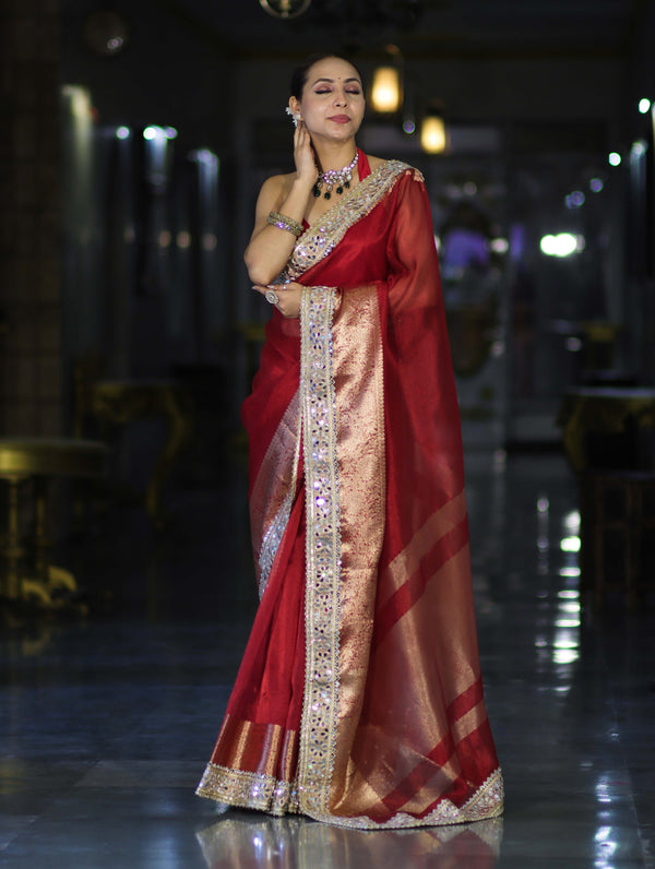 Banarasee Handwoven Tissue Saree With Floral Zari Border & Mirror Work Lace–Deep Red